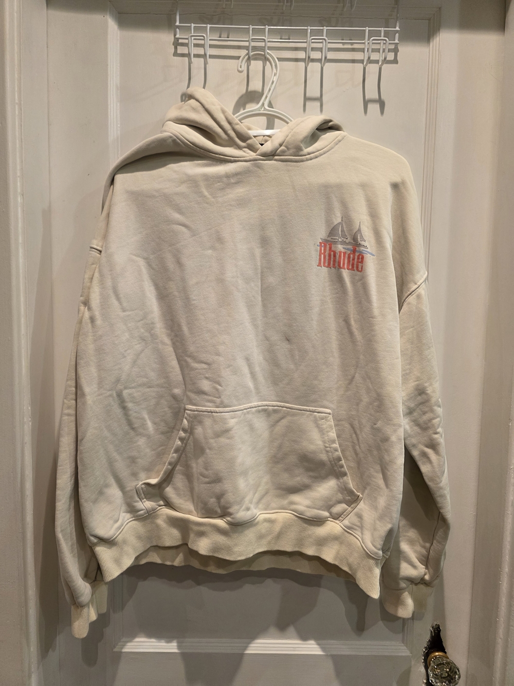 Rhude Men's Cream Pullover Hoodie with Small Red Logo
